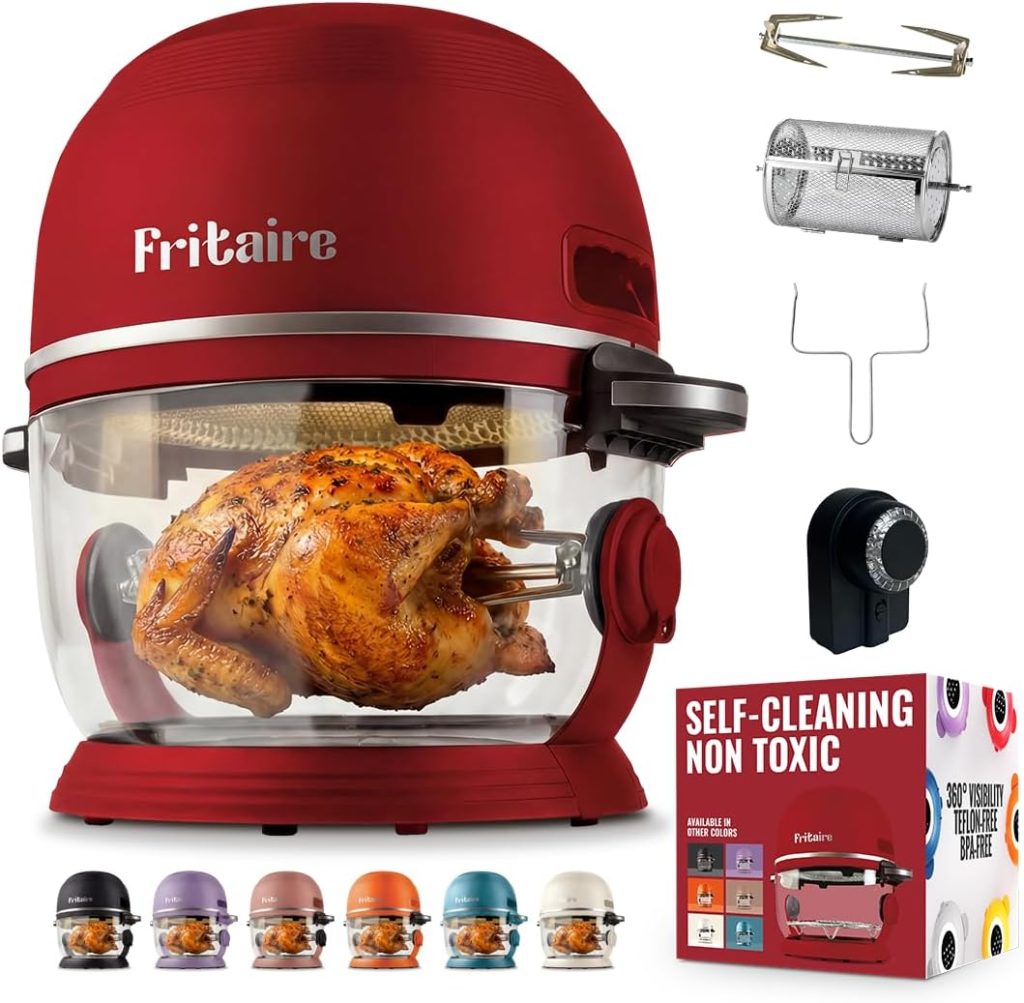 Fritaire rotisserie air fryer showing attachments and 7 color options