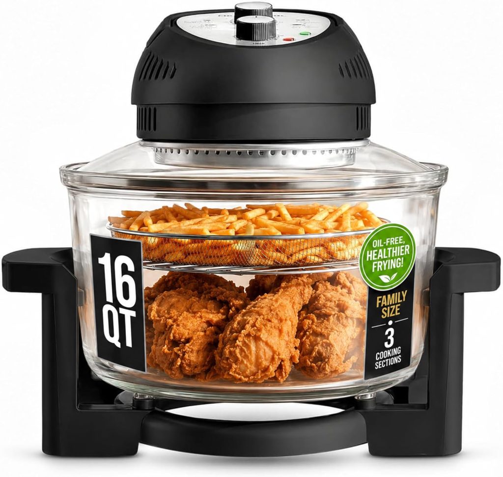 large glass Granitestone air fryer with a separating tray air frying chicken and French fries