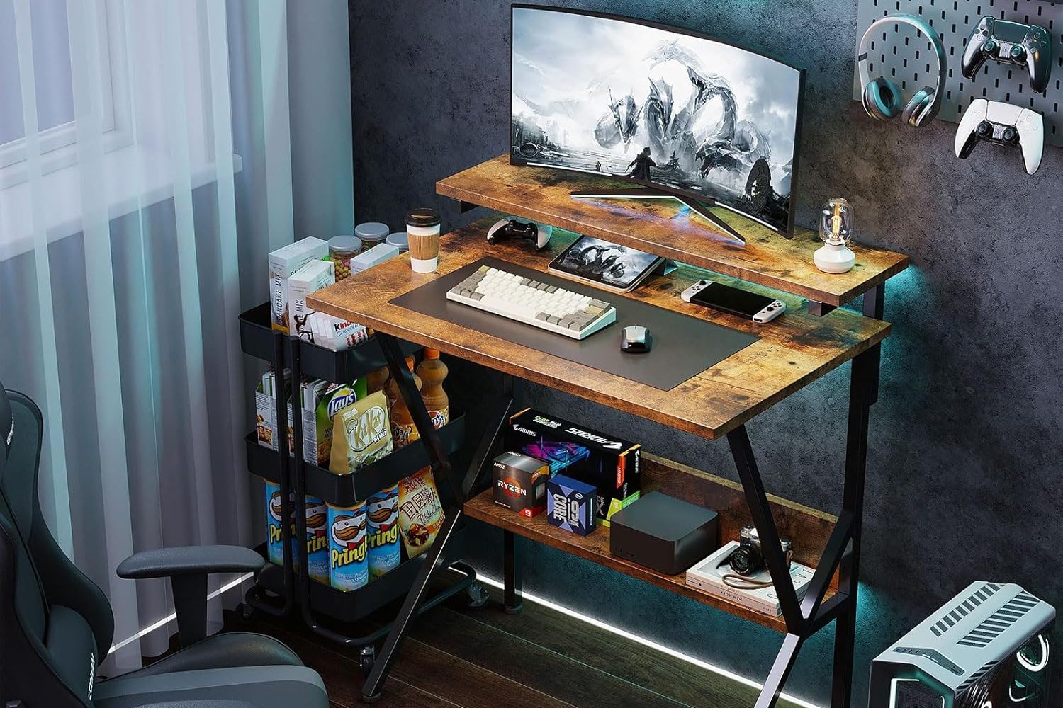Rustic wood and steel super-compact 27.5-inch computer desk with gaming setup