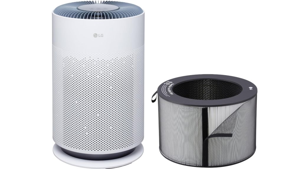 LG PuriCare360  air purifier showed next to HEPA filter with dust cover
